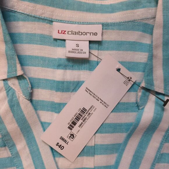 NWT Liz Claiborne Size Small Linen Cotton Popover Top Blue White Stripe Beach - Picture 4 of 7